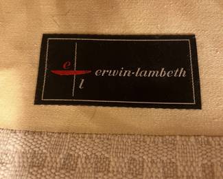 Vintage Erwin-Lambeth Upholstered Lounge Chair with Carved Wood Arms and Matching Ottoman.