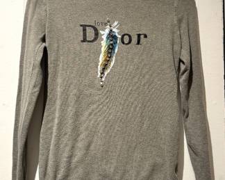 Christian Dior Gray Knit Sweater – Designer Pullover with Feather Embellishment