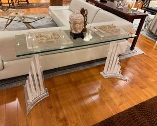 Hollywood Regency Lucite Console Table with Glass Top – Vintage Acrylic Column Base Sofa Table