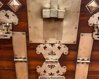 Antique Asian Campaign Chest / Storage Trunk with Brass Hardware and Decorative Studding.
