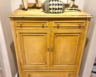 Antique European Painted Buffet Cabinet – Distressed Yellow Sideboard with Drawers and Storage