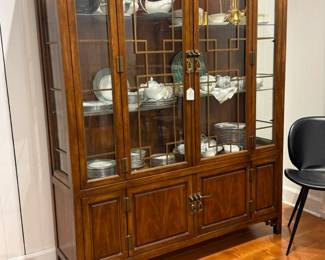 Vintage Asian Inspired China Cabinet – Wood Display Hutch with Glass Doors and Brass Geometric Lattice