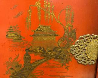 Vintage Asian Red Lacquer Cabinet Door with Gold Scenic Landscape Artwork.