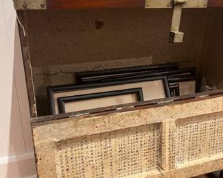 Interior View of Antique Asian Campaign Chest with Original Paper Lining and Storage Space.