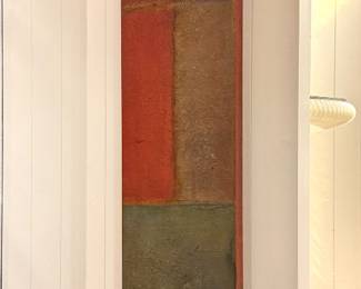 A tall vertical abstract painting with layered earth-tone color blocks, in a contemporary minimalist style reminiscent of Mark Rothko, likely circa 1990s–2010s.