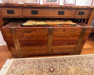 Vintage Solid Wood Storage Trunk with Rustic Metal Straps – Large Cedar Hope Chest Style Blanket Chest. 