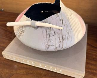 Signed Studio Raku Pottery Vessel – Contemporary Hand-Built Ceramic Bowl with Crackle Glaze, Artist Signature Mark