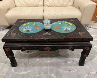 Asian Chinoiserie Style Black Lacquer Coffee Table with Cloisonné-Style Inlaid Medallions.