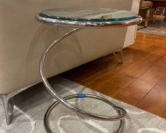 Roche Bobois Side Table – Modern Roche Bobois chrome spiral base side table with round glass top, sleek contemporary accent piece.