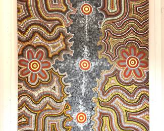 An Aboriginal-style dot painting with traditional concentric and flowing motifs, inspired by Australian Indigenous Western Desert painting traditions, circa late 20th century–contemporary.