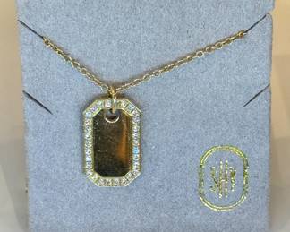 14K Gold Diamond Halo Dog Tag Pendant Necklace – Minimalist Pavé Diamond Rectangular Charm on Chain