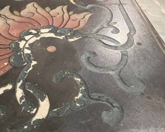 Vintage Asian Chinoiserie Lacquer Coffee Table with Decorative Cloisonné-Style Inlay Detail.