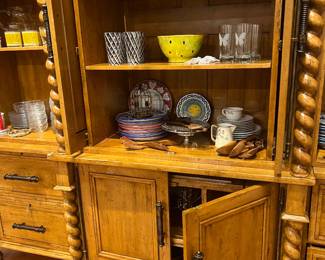 Antique Oak Barley Twist Display Cabinet / Hutch with Shelves and Storage.
