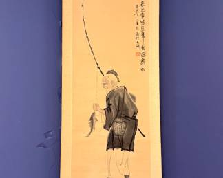 Japanese Ink Scroll Painting of Fisherman – Traditional Hanging Kakejiku Calligraphy and Figure Scene
