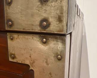 Close-Up of Brass Hardware and Stud Detail on Antique Asian Campaign Chest.
