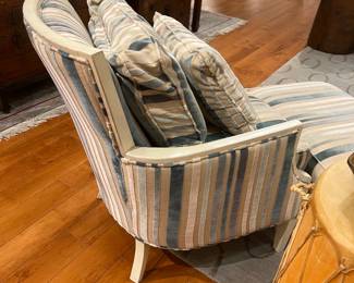 Vintage Curved Back Lounge Chair with Coastal Blue and Tan Striped Upholstery.