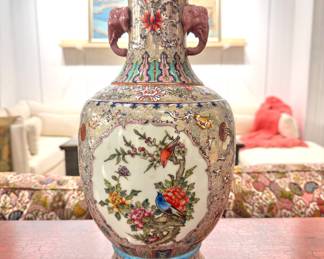 Chinese Famille Rose Porcelain Vase with Elephant Handles – Qianlong Mark Bird & Floral Motif