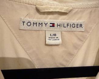 Tommy Hilfiger beige utility jacket with button front, flap pockets and adjustable waist ties.