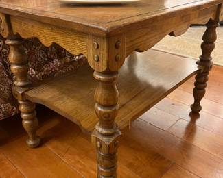 Vintage Solid Oak Coffee Table with Turned Legs and Shelf – Traditional Living Room Center Table.