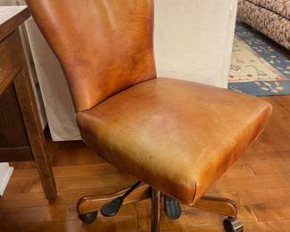 Vintage Mid-Century Brown Leather Swivel Office Chair on Casters – Retro Desk Chair.