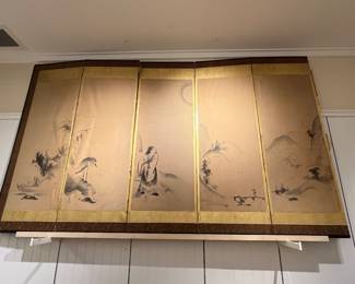 Vintage Asian Folding Screen Wall Art with Hand-Painted Landscape – Decorative Oriental Room Divider Panel.