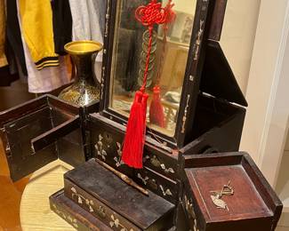 Antique Asian Jewelry Box with Mirror and Drawers – Hand Carved Wooden Vanity Storage Chest.