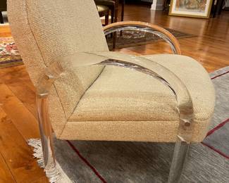 Rosen Postmodern Acrylic Armchair with Curved Lucite Frame and Neutral Upholstery.