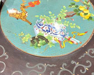 A chinoiserie-style decorative panel featuring a turquoise ground with a hand-painted vase, flowers, and a stylized deer, likely part of a lacquer table surface, circa 1950s–1970s, in the Hollywood Regency revival of traditional East Asian motifs.