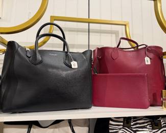 Michael Kors Black Leather Tote and Red Textured Designer Handbag – Luxury Fashion Accessories