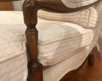 Vintage Erwin-Lambeth Upholstered Lounge Chair with Carved Wood Arms and Matching Ottoman.