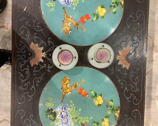 Top View of Asian Chinoiserie Coffee Table with Dual Decorative Medallion Panels.