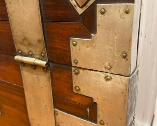 Close-Up of Brass Hardware and Stud Detail on Antique Asian Campaign Chest.