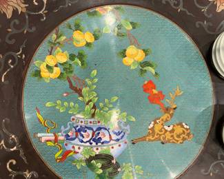 Decorative Cloisonné-Style Medallion Inlay Featuring Deer and Floral Vase Motif.