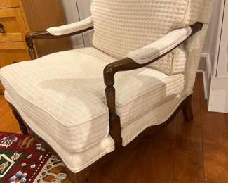 Vintage Erwin-Lambeth Upholstered Lounge Chair with Carved Wood Arms and Matching Ottoman.