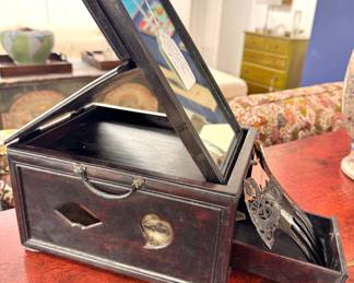 Antique Asian Hardwood Dressing Box with Mirror – Chinese Jewelry Vanity Box with Drawer & Ornate Brass Hardware