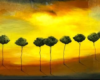 Contemporary Sunset Landscape Painting – Modern Tree Line Wall Art