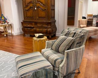 French Provincial Walnut Armoire and Contemporary Striped Club Chair