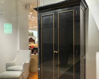 Large Black Lacquer Armoire Cabinet with Gold Trim – Modern Asian-Inspired Wardrobe Storage