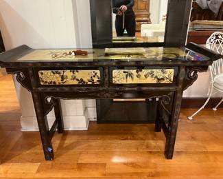 Chinoiserie Style Black Lacquer Console Table with Hand-Painted Floral Panels.