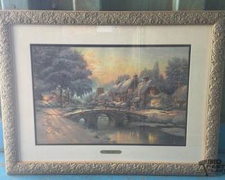 3050  Framed Thomas Kinkade  Cobblestone Christmas Print 
