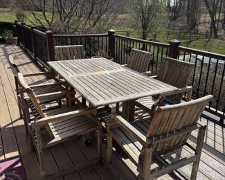 Kingsley-Bate Evanston Teak Outdoor Dining Table - (66"L x 36"W x 29"H) with Kingsley-Bate Teak Outdoor Armchairs (22.5"W x 23"D x 36"H / 6 Total)