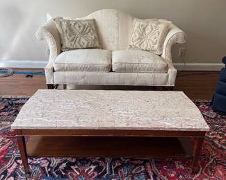 Ethan Allen Upholstered Camelback Loveseat (59"W x 34"D x 34" Back Height) & Shafner's Marble Topped Wood Base Rectangular Coffee Table (44"W x 19"D x 15"H)