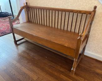 Vintage Pine Spindle-Back Deacon's Storage Bench (57"W x 21"D x 31" Back Height)