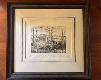 Framed Original Lithograph "Aqua Fort, Sultan Ahmed Mosque" Signed N. Nadinisu - Edition 75/99 (16"H x 15"W)