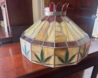 Vintage Leaded Slag Glass Hanging Lamp Shade with Hemp Leaf Motif