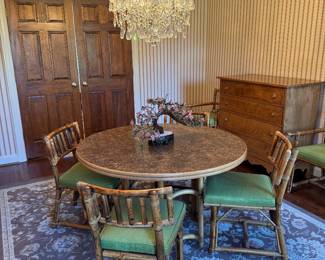 Vintage Boho Bamboo Dining Table (48"W x 29"H x 48"L with 4 Leaves 16"L each)  & Boho Bamboo Armchair (2 Armchairs / 4 Side Chairs - 24"W x 23"D x 31"H)