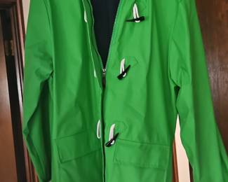 Womens Green Raincoat with Toggle Closures