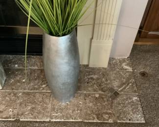 Silvertone vase with artificial grass