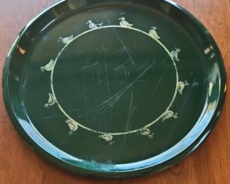 Vintage Green Bird Motif Tin Serving Tray