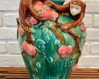 Vintage 16” Majolica Vase Depicting Monkeys In A Peach Tree~ $195